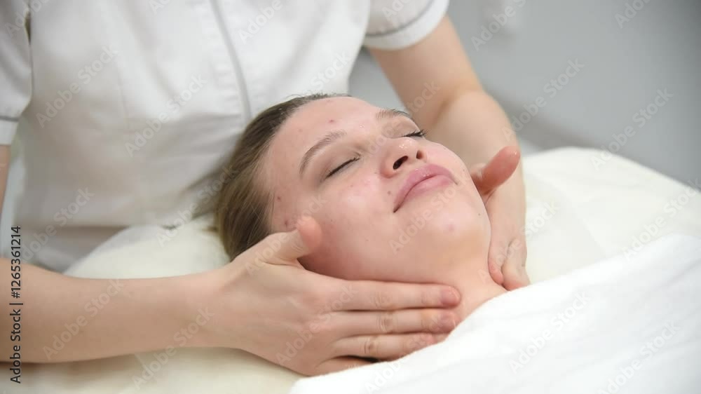face massage, young attractive caucasian woman, beautiful relaxed lady with problem skin and red inflammations, white towel, spa therapist doing facial massage in beauty salon, skincare concept face massage, young attractive caucasian woman, beautiful relaxed lady with problem skin and red inflammations, white towel, spa therapist doing facial massage in beauty salon, skincare concept