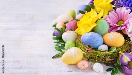 Happy Easter. Congratulatory easter background. Easter eggs and flowers. Background with copy space
