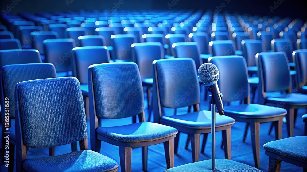 Naklejka premium Dark backdrop. Tilt-shift chairs, microphone. AI photo art.