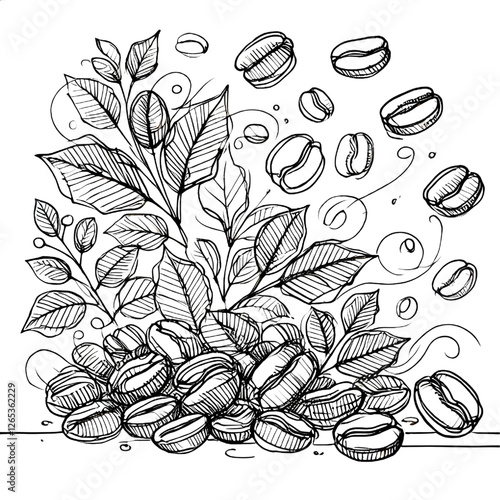 Coffee beans drawing, one continuous line, isolated on white background