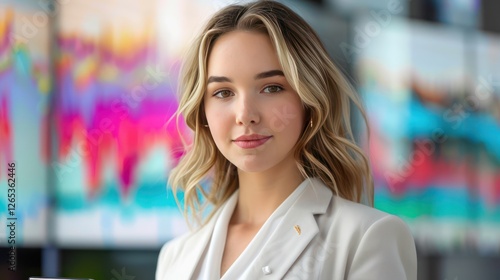 Wallpaper Mural A young professional woman with blonde hair, wearing a white blouse and blazer, holding a digital wallet in front of a colorful financial chart on a screen.  Torontodigital.ca