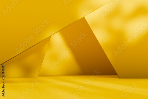 .Yellow geometric background with light and shadow for product placement mockup. Abstract studio interior scene showroom for brand display. Bright modern minimal color empty space design.