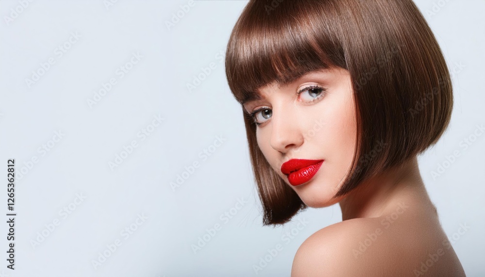 Obraz premium Modern portrait of a young woman with sleek bob haircut and bold red lipstick