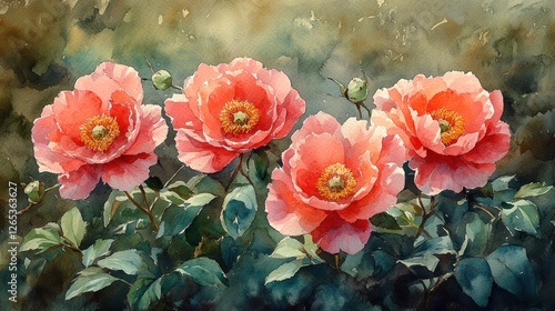 Watercolor painting of vibrant peach peonies in a garden setting photo