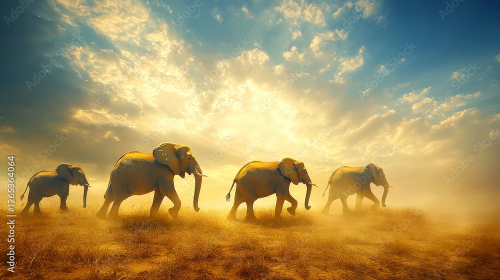 Majestic Elephants Walking Through Golden Grass Under Dramatic Sky at Dusk with Light and Shadows Creating Stunning Atmosphere Majestic Elephants Walking Through Golden Grass Under Dramatic Sky at Dusk with Light and Shadows Creating Stunning Atmosphere