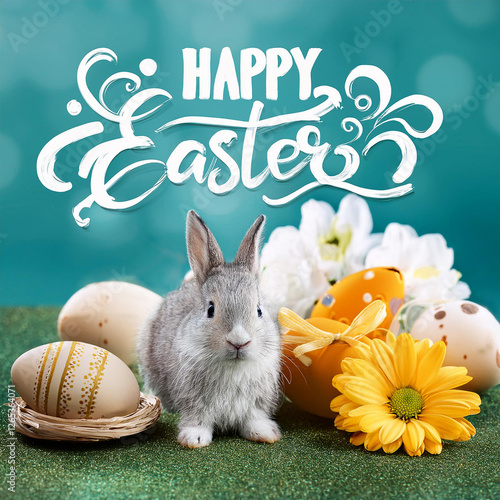 Happy Easter 2026 Card with Bunny Eggs and Flower