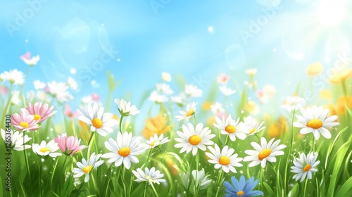 Sunny meadow daisies, blue sky, spring photo