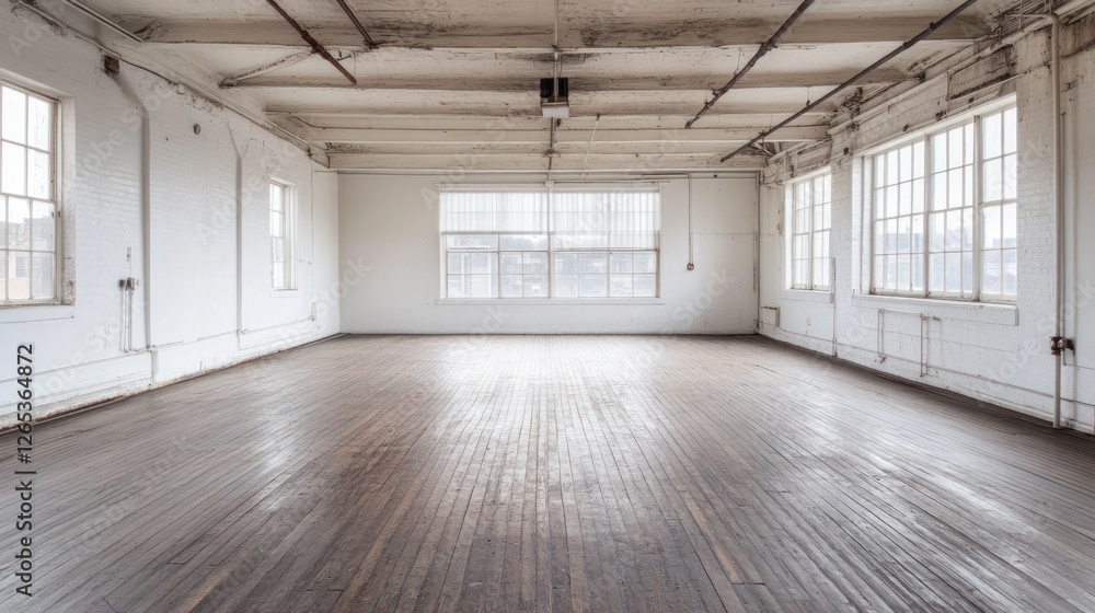Fototapeta premium Empty loft space, hardwood floor, city view, event rental