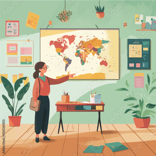 A vector of a teacher pointing at a world map in a vibrant classroom