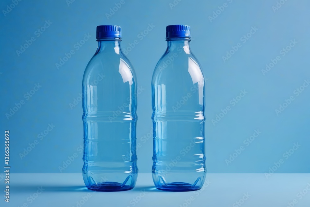 two empty plastic bottles of water on a blue surface two empty plastic bottles of water on a blue surface