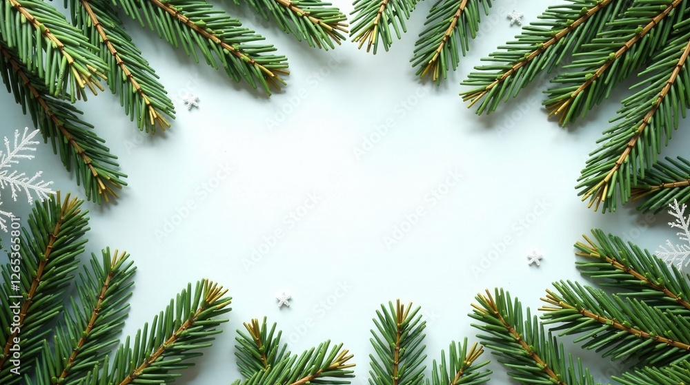 Festive Evergreen Branches and Sparkling Winter Decorations Create a Serene and Elegant Holiday Border on a Light Blue Background Festive Evergreen Branches and Sparkling Winter Decorations Create a Serene and Elegant Holiday Border on a Light Blue Background