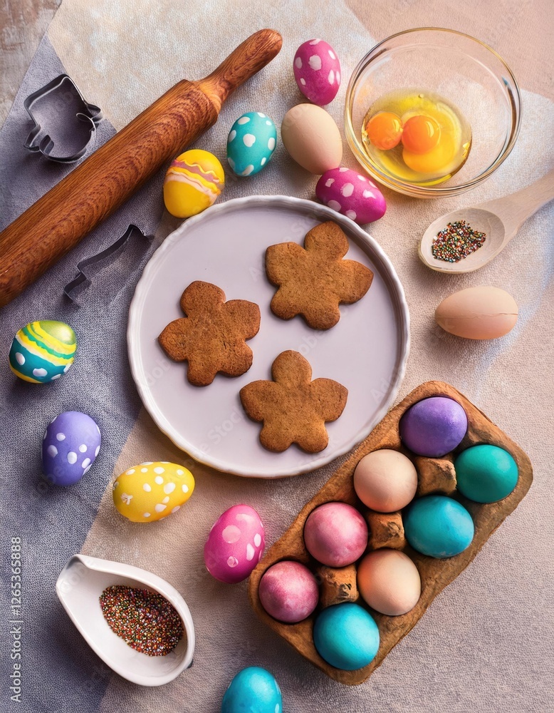 Fototapeta premium Easter greeting card with cooking homemade gingerbread cookies and colorful eggs