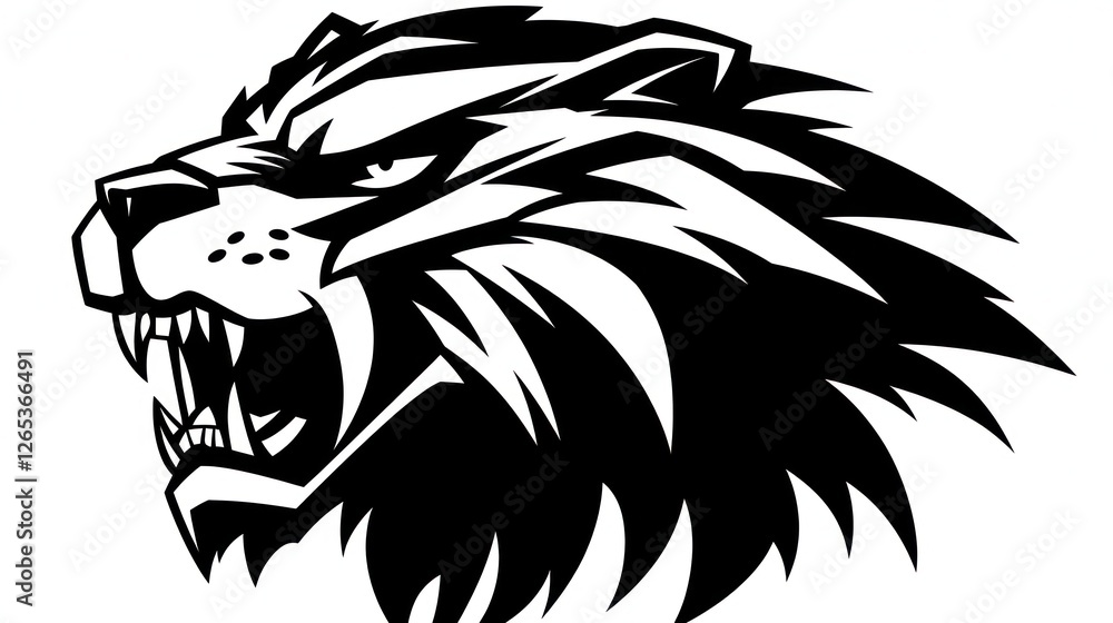 Roaring lion head profile, black and white, graphic design, mascot Roaring lion head profile, black and white, graphic design, mascot