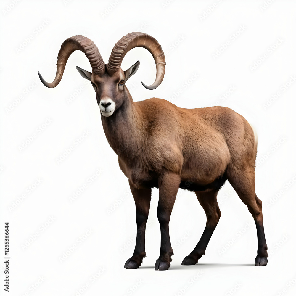 Obraz premium Mountain goat with horns standing on a white background