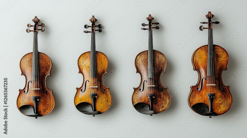 Fototapeta premium Antique violins displayed against a light gray background
