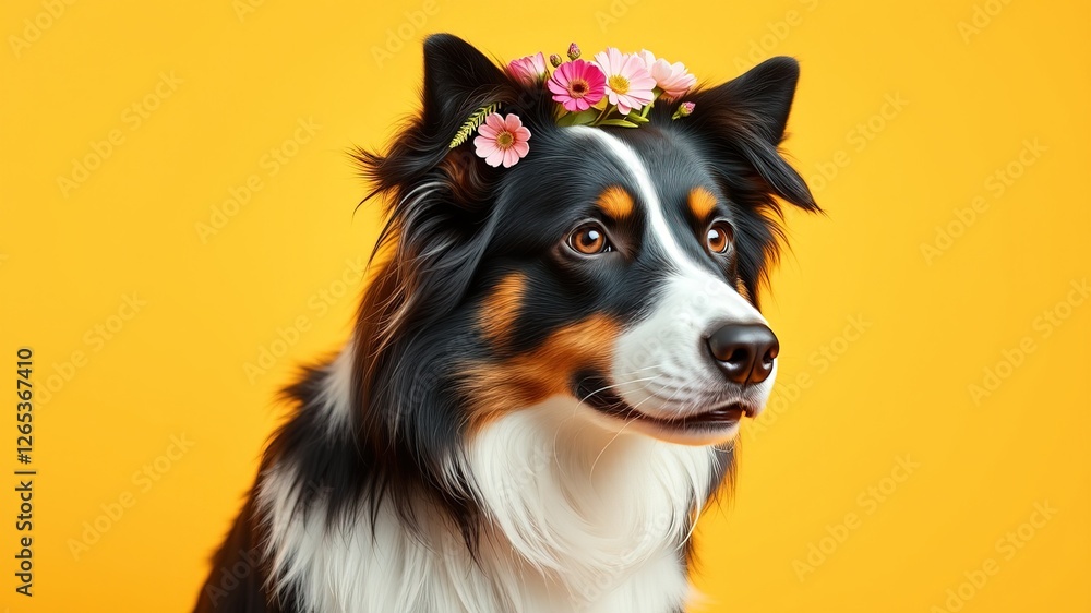Fototapeta premium Floral Canine: Border Collie Adorned with Blooms