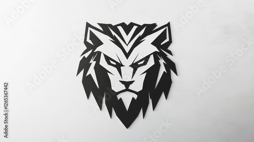 Black lion head logo design, white background photo