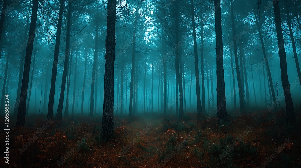 Naklejka premium Mystical foggy forest path, autumn leaves, tranquil scene
