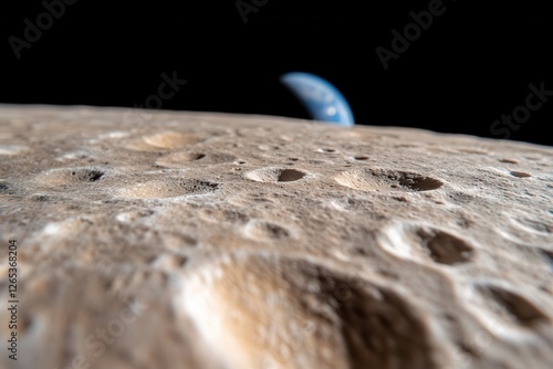 This image captures the detailed craters of a moon's surface, with Earth beautifully visible in the distance, highlighting the vastness of space and celestial bodies. photo