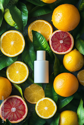 Skincare product in soft packaging among bright citrus fruits and fresh green leaves photo