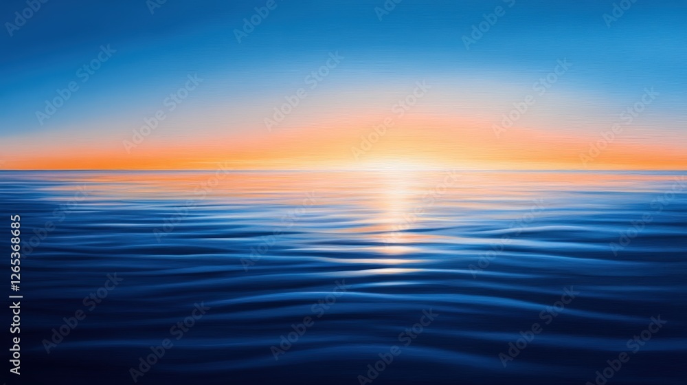 Obraz premium A stunning view of a tranquil ocean at sunrise, where the calm waters reflect vibrant colors of blue and orange. Ideal for evoking peace and serenity in any project.