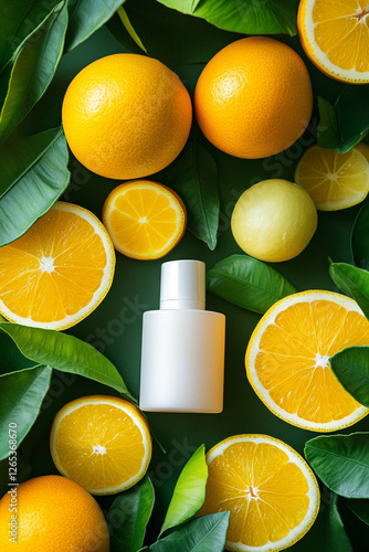 Skincare product in soft packaging among bright citrus fruits and fresh green leaves photo