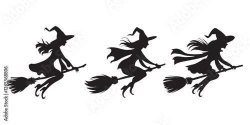 Set Of Halloween Witches Silhouettes Flying on Broomsticks