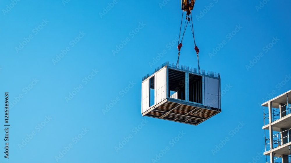 Crane lifts module, urban construction, blue sky Crane lifts module, urban construction, blue sky