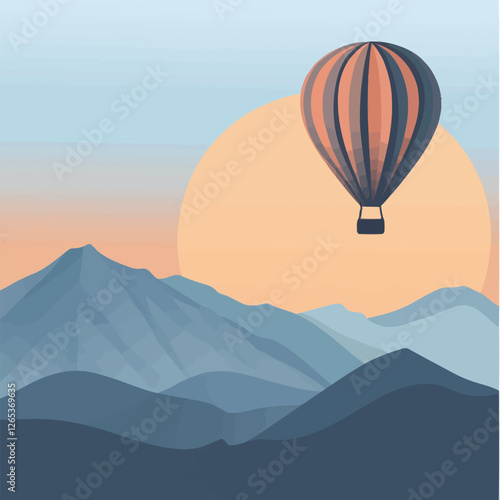 A vector of a hot air balloon flying over a mountain range