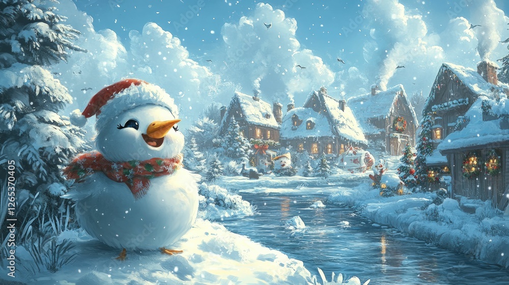 Fototapeta premium Joyful snowy bird winter village scene