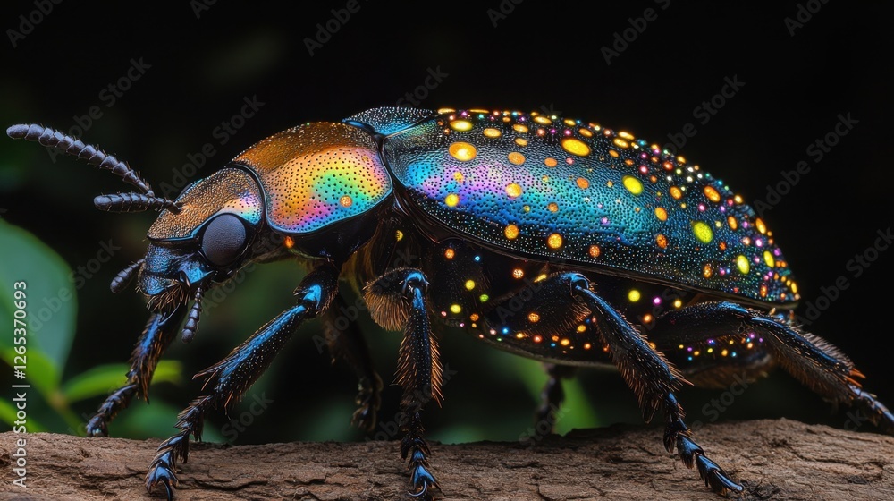 Colorful beetle crawling on a branch in a lush green environment at twilight Colorful beetle crawling on a branch in a lush green environment at twilight