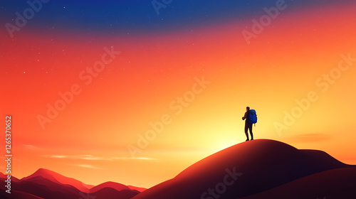 A lone traveler stands atop a serene hill, silhouetted against a vibrant sunset. The sky showcases a stunning blend of colors, evoking a sense of adventure and tranquility. photo