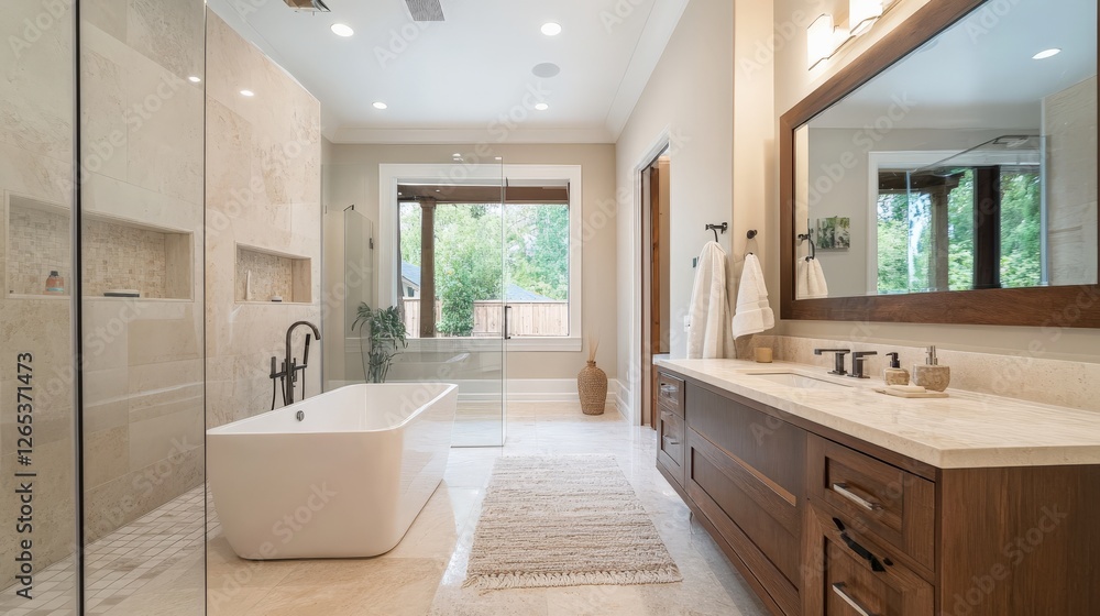 Smart mirror in a minimalist bathroom, displaying the weather, news, and personal health insights, blending decor with technology. Smart mirror in a minimalist bathroom, displaying the weather, news, and personal health insights, blending decor with technology.