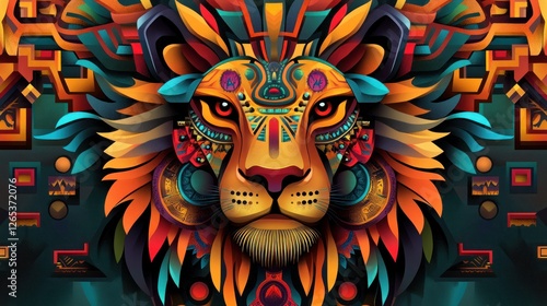 Colorful stylized lion head, intricate design, abstract background, decorative, poster, or wallpaper photo