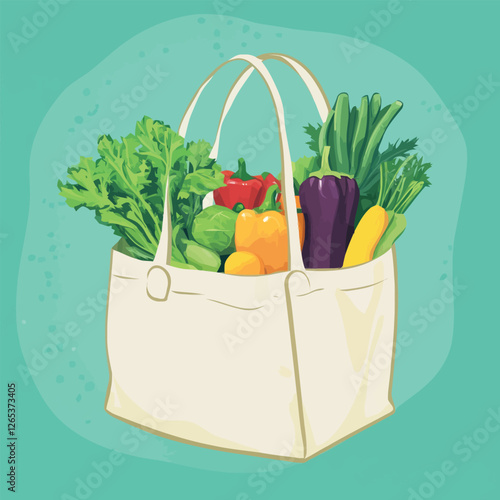 A vector of a reusable grocery bag filled with fresh produce