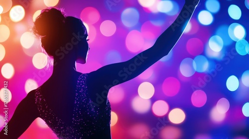 A silhouette of a woman dancing amidst vibrant, colorful lights, embodying joy and celebration. The scene captures the essence of nightlife and artistic expression beautifully. photo