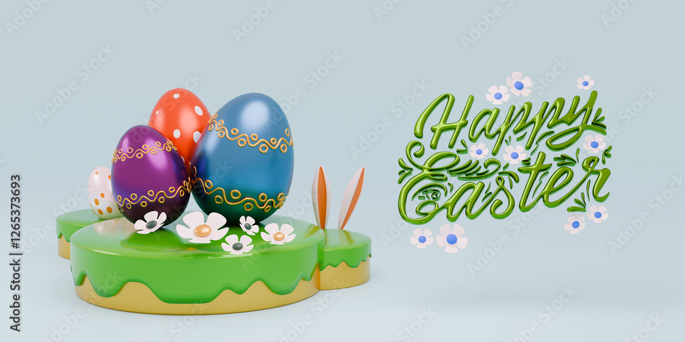 Fototapeta premium Happy Easter holiday banner. Greeting banner. 3d render. Space for text.