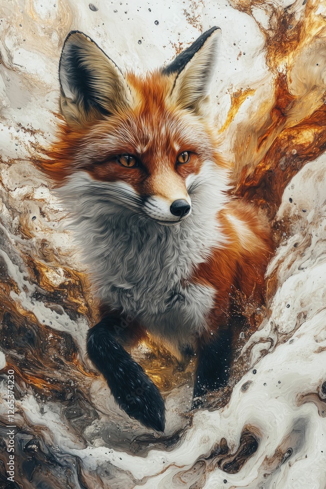 Naklejka premium Red fox emerges from swirling earthy tones