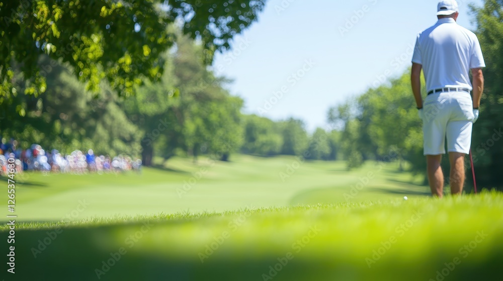 Golf Tournament Action: Player Taking a Shot with Spectators Watching Closely Golf Tournament Action: Player Taking a Shot with Spectators Watching Closely