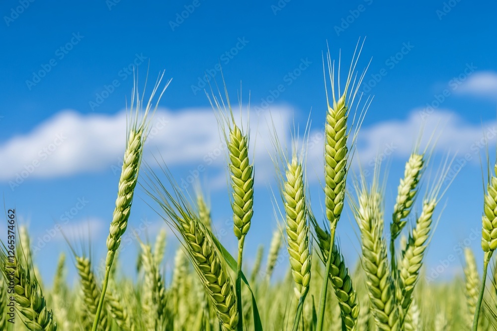 Lush green wheat field under a clear blue sky with fluffy clouds Lush green wheat field under a clear blue sky with fluffy clouds