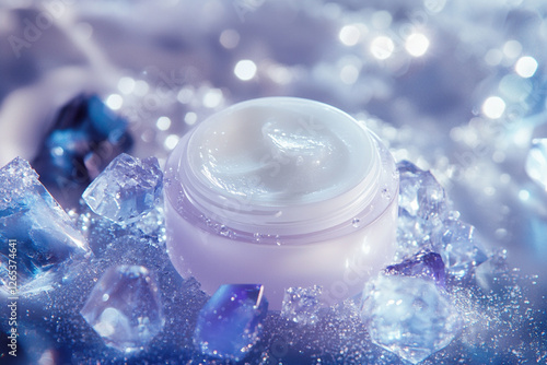 Composition with one face cream among sparkling crystals and water drops photo