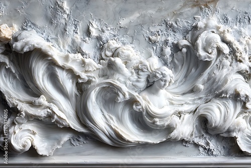 Intricate white marble relief depicting flowing waves and ethereal figures in dynamic motion photo