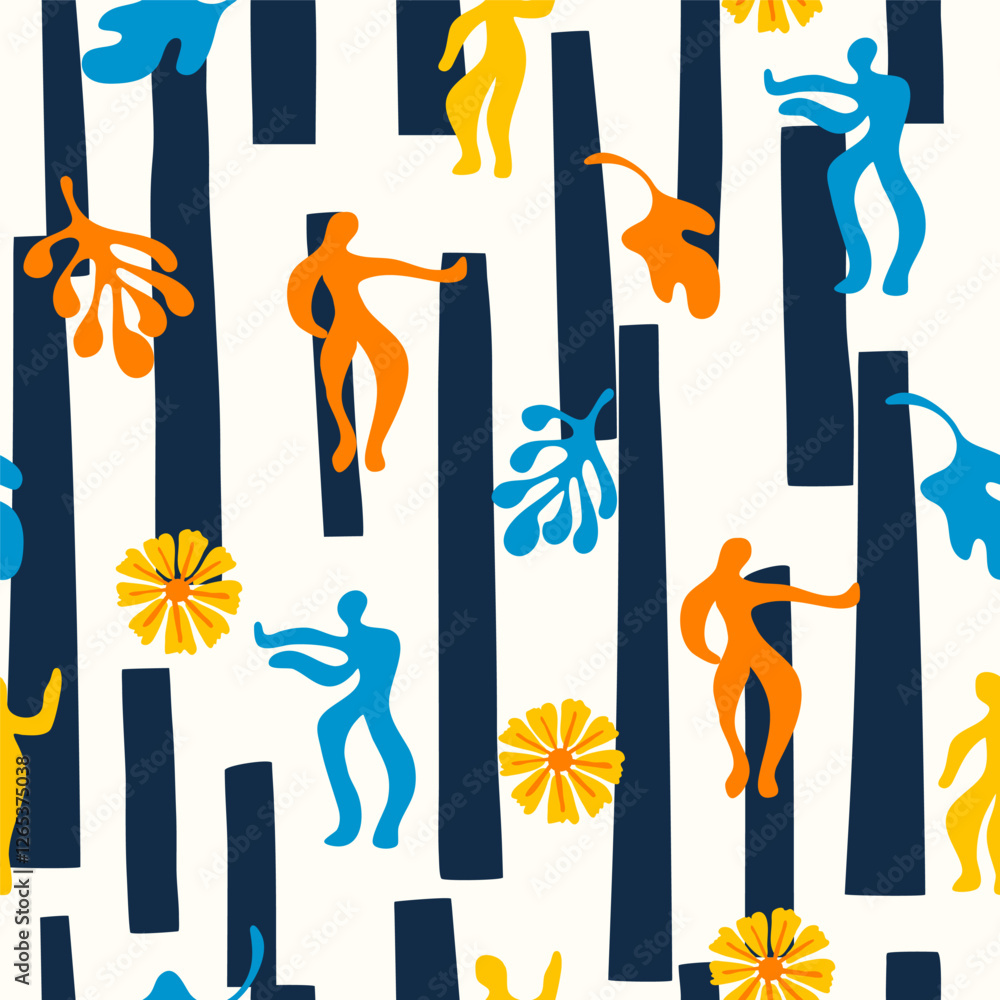 Trendy creative seamless pattern in Matisse style, abstract geometric and natural shapes, bright colors Trendy creative seamless pattern in Matisse style, abstract geometric and natural shapes, bright colors