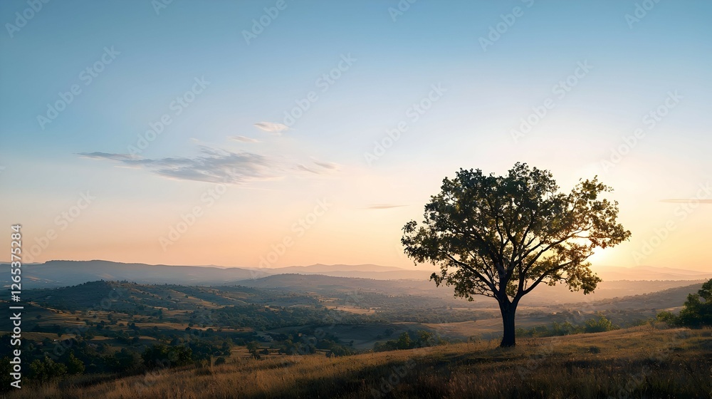 Obraz premium Solitary Tree Silhouette at Sunset Over Rolling Hills