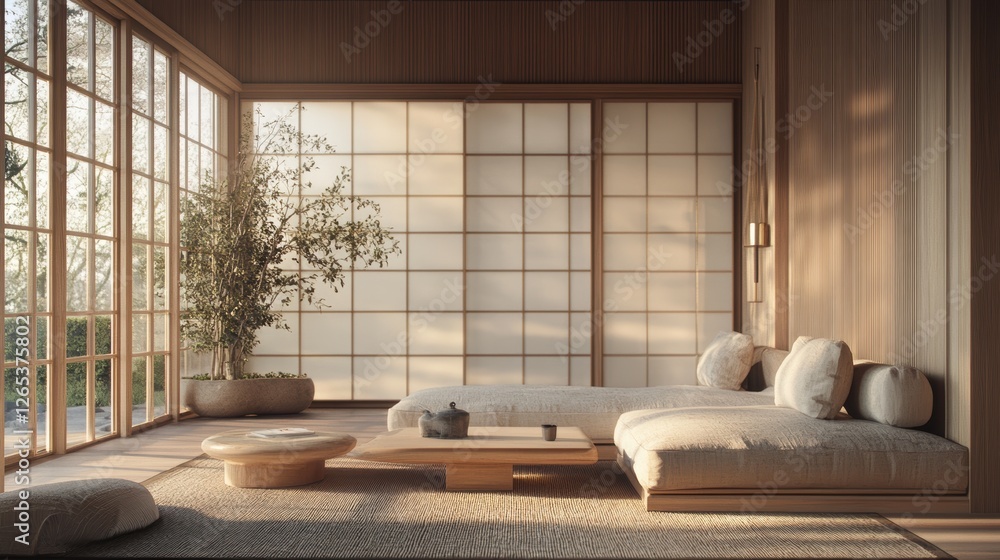 A serene living space features japanese inspired decor and natural light A serene living space features japanese inspired decor and natural light