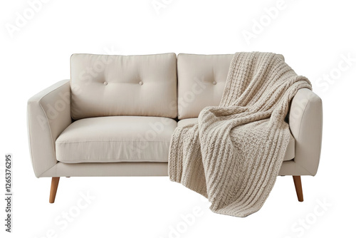 A light beige couch with tufted back cushions and a soft, textured beige throw blanket draped over one side