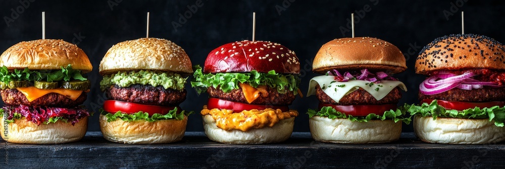 Fototapeta premium Five Delicious Vegan Burgers, Plant-Based Patties, and Colorful Toppings Against a Dark Background