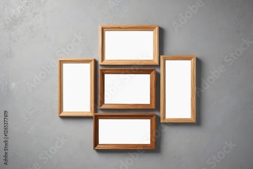 a close up of a group of four wooden frames on a wall