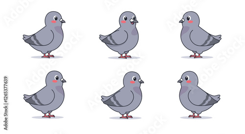 Cute gray pigeons in different poses flat vector art