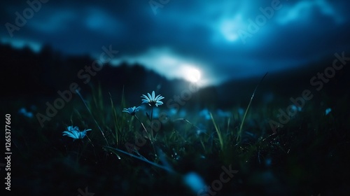 Dreamy daisy meadow bathed in ethereal moonlight or twilight ambiance photo